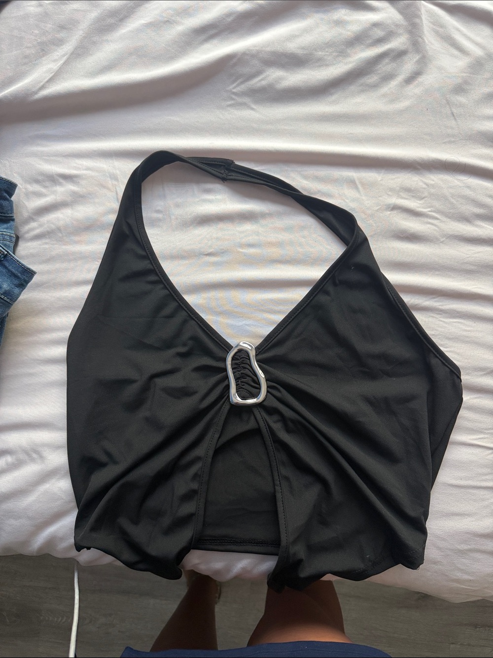 Amazon Black Halter Crop Top with Silver Ring Accent